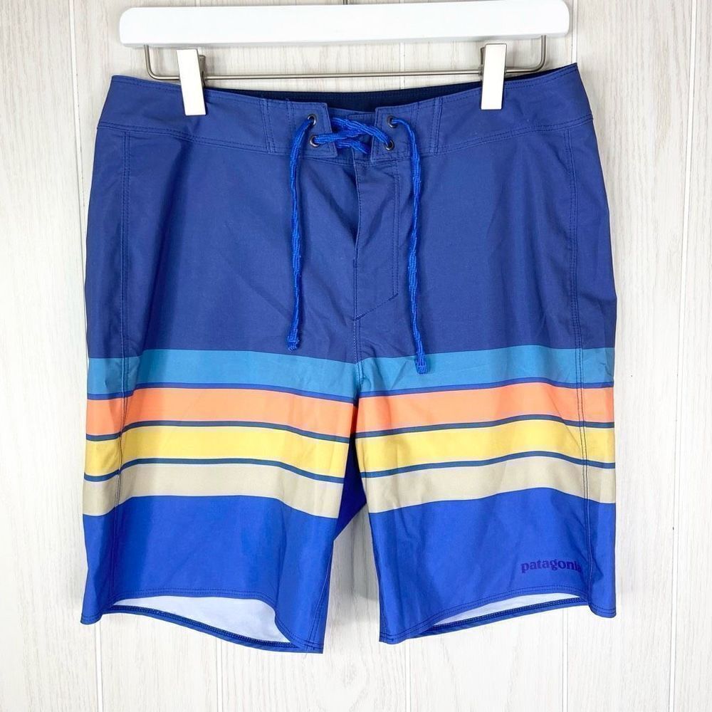 Patagonia Men's Superior Blue Santa Cruz Stripe Hydropeak Board Shorts Size 29